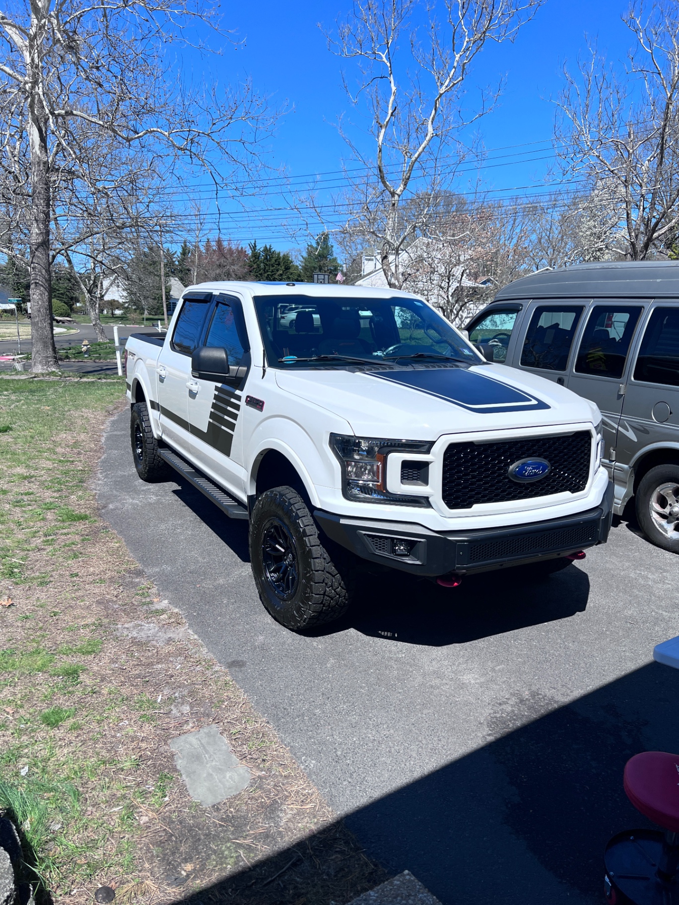 Lifted white Ford F-150 after a full exterior detail